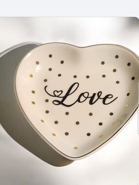 Heart-Shaped Trinket Dish "Love" in Cream with Gold Dots